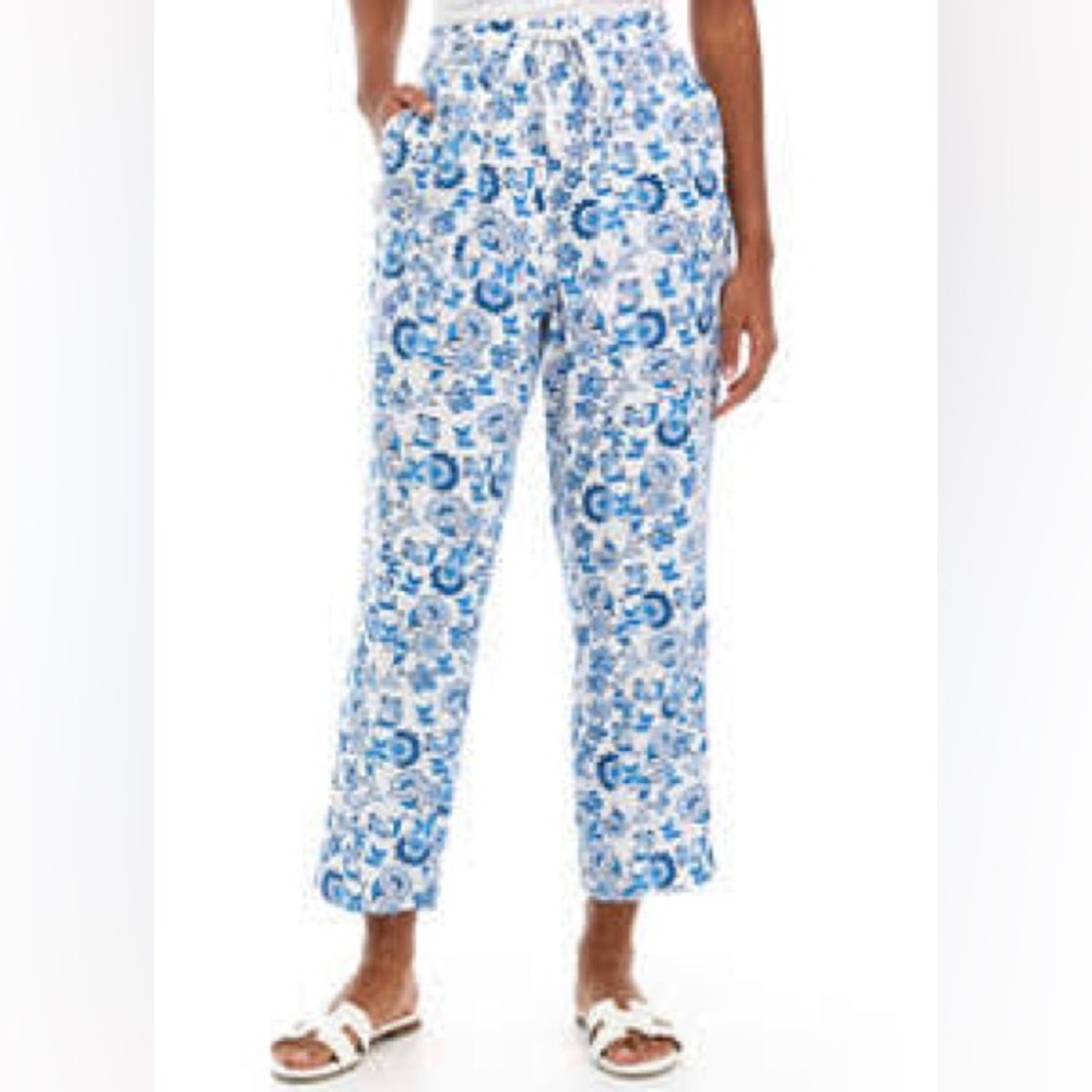 🌴🌀Kim Rogers Linen Blue and White Floral Pants Size Large🌀🌴